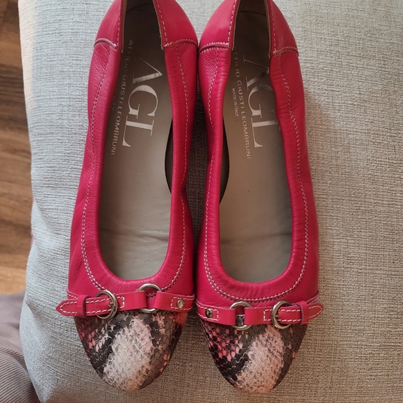 AGL Women's Red Ballet Flats with Snakeskin Toe - Picture 4 of 9